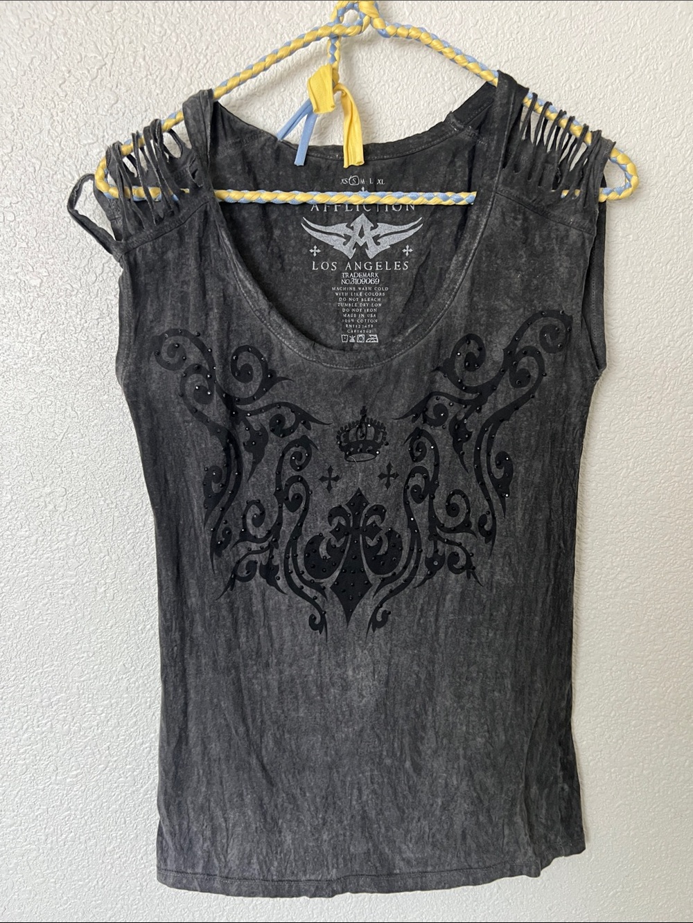 Affliction Black Washed Graphic Sleeveless Tank with Braided Shoulders-see back😎